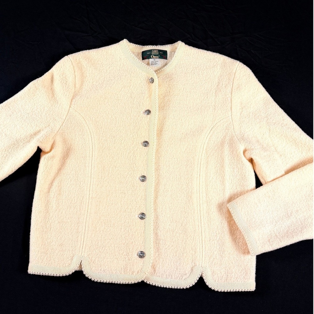 Orvis Vintage 100% Wool Scalloped Cardigan Jacket Cream Silver Buttons Size 10